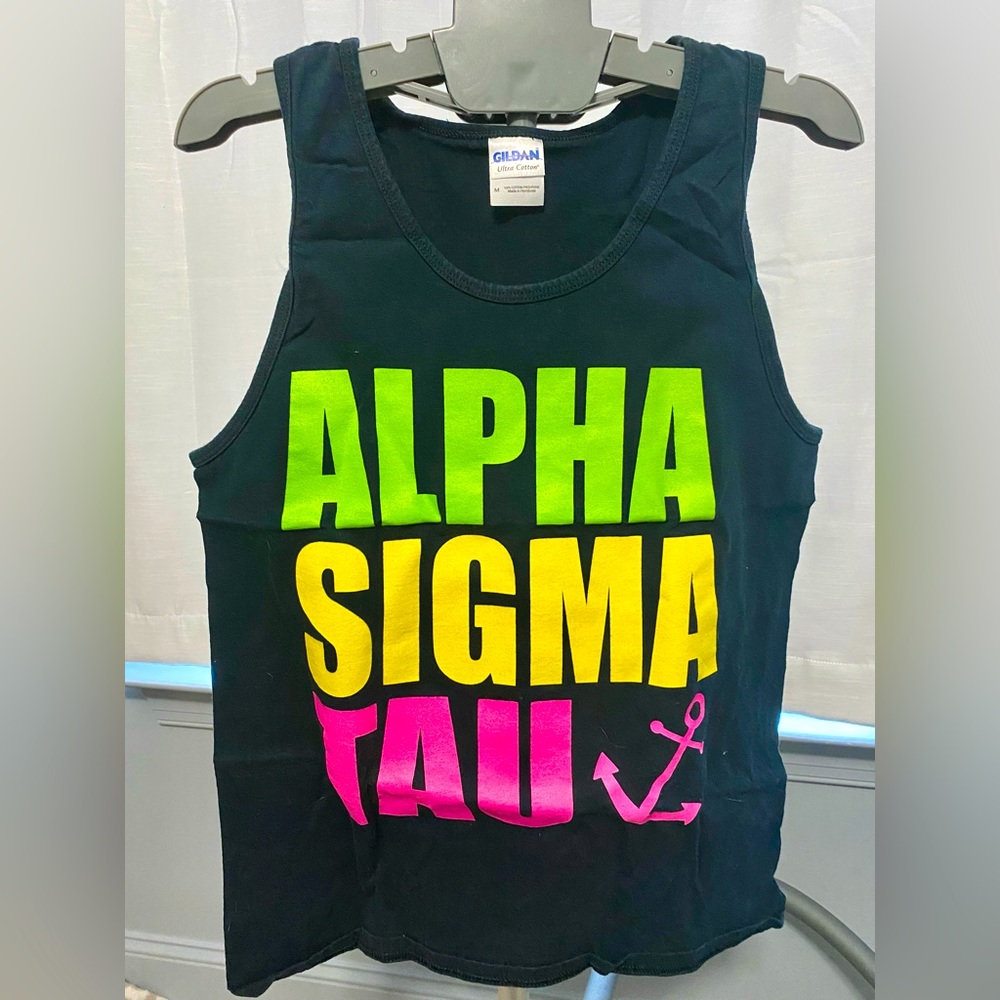 Alpha Sigma Tau Gildan Black and Neon Tank Top - Unisex Medium